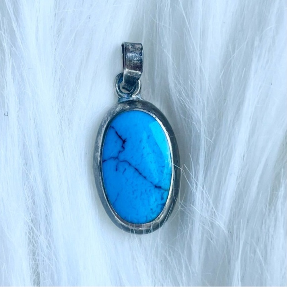 Blue Dyed Howlite Egg Shaped Oval Mexican 925 Silver Pendant Boho Southwest